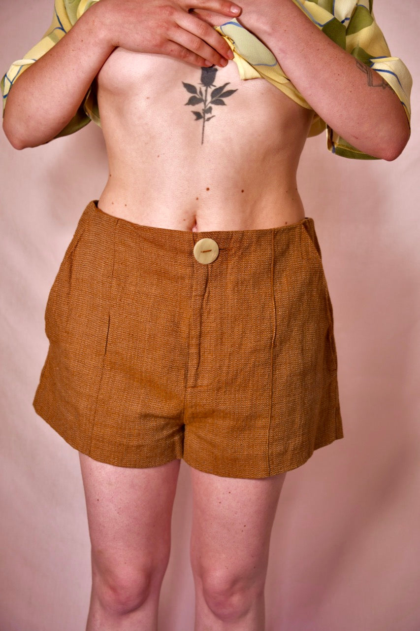 Short taille haute marron cintré coton et lin TELA
