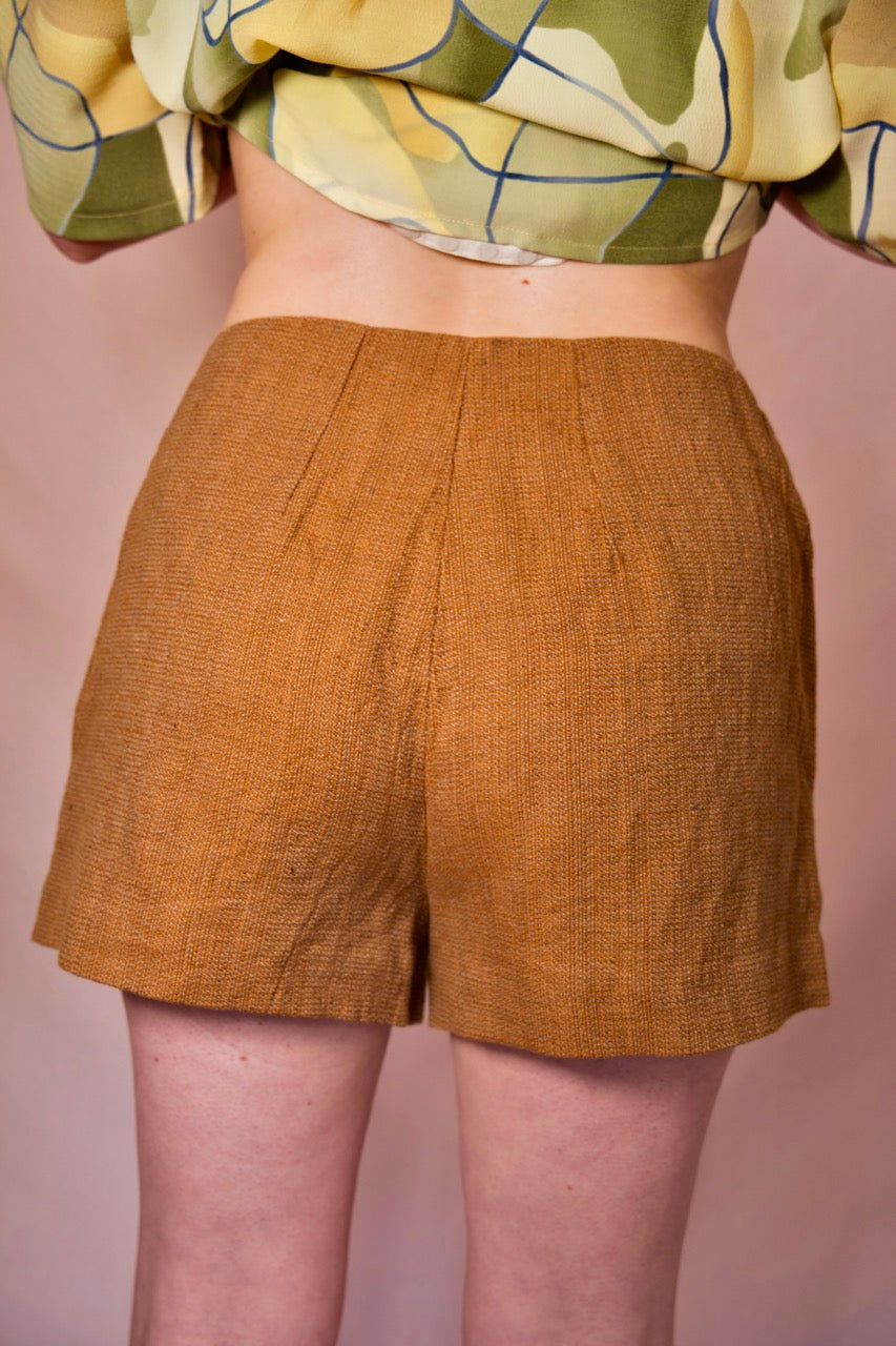 Short taille haute marron cintré coton et lin TELA