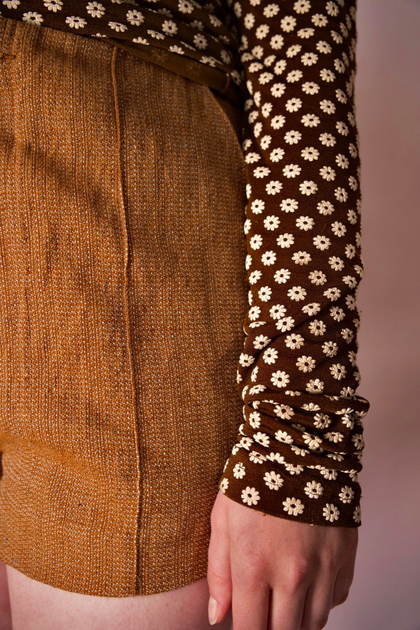 Short taille haute marron cintré coton et lin TELA