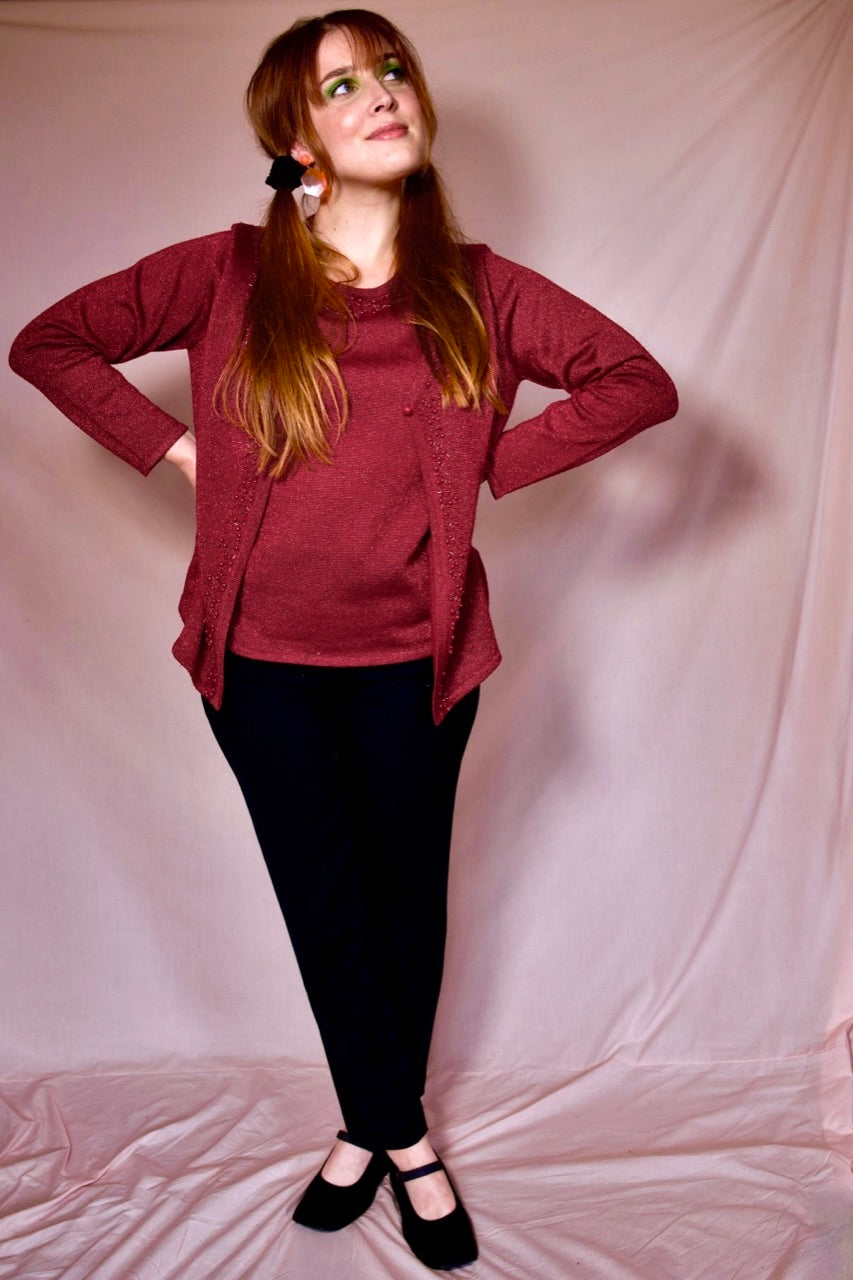 Pull manches longues rouge grenat et perles 2 en 1