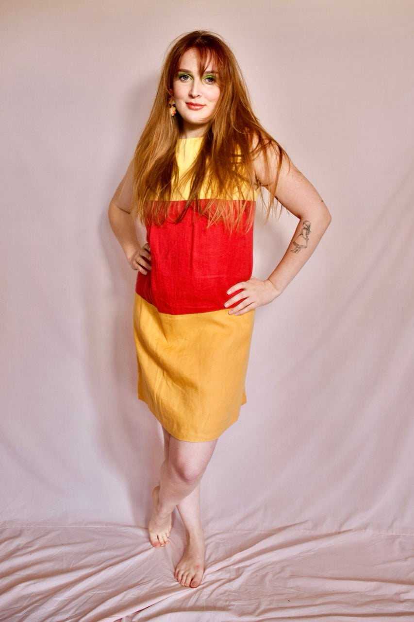 Robe rayée rouge-jaune-orange lin