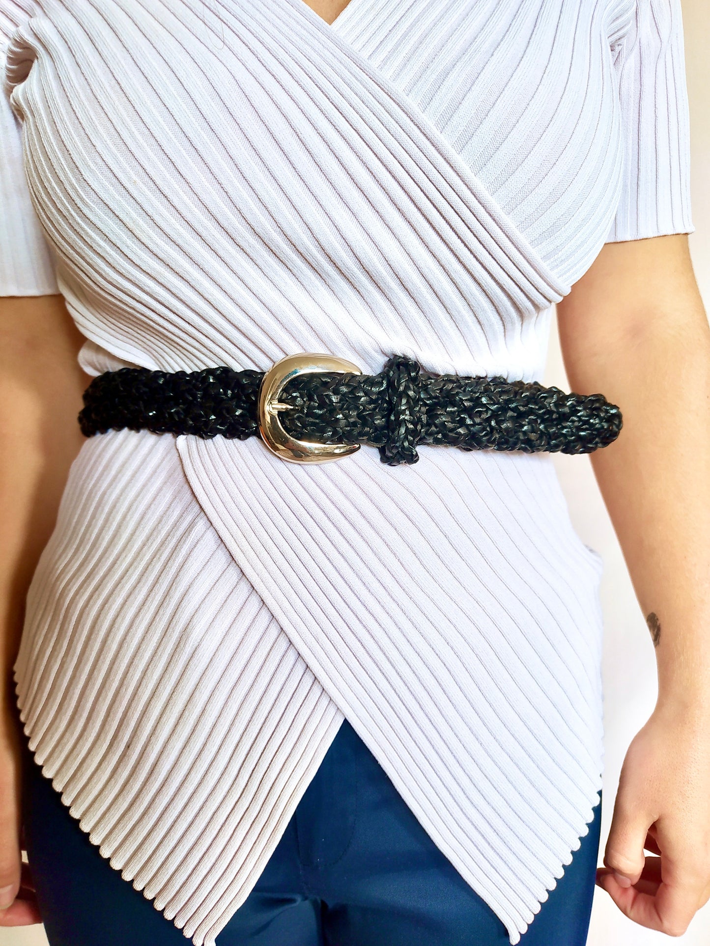Ceinture cuir tressé noire