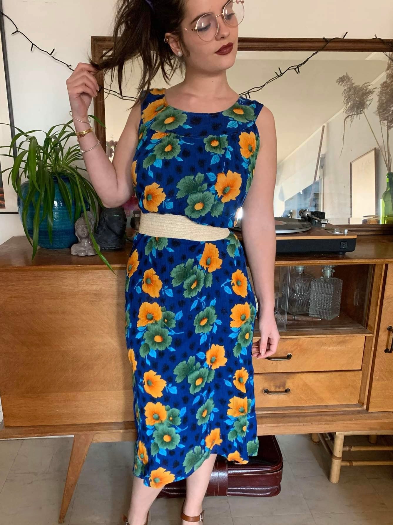 Robe longue effet fripé grosses fleurs vertes bleues et jaunes