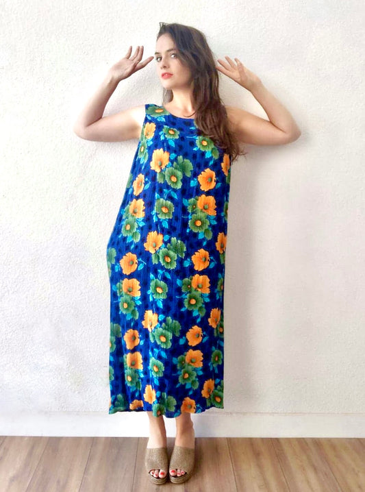 Robe longue effet fripé grosses fleurs vertes bleues et jaunes