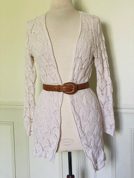 Gilet cardigan mode femme macramé crochet coton lin crème écru vintage rétro homme bohème flower power style sixties seventies