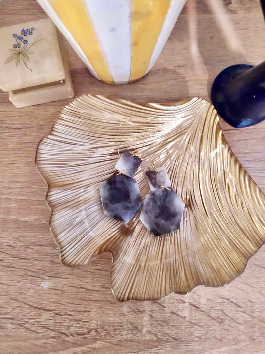 Boucles d'oreille effet marbre noir et blanc
