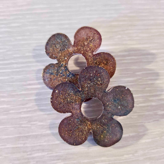 Boucles d'oreilles fleurs et fards bleus dorés