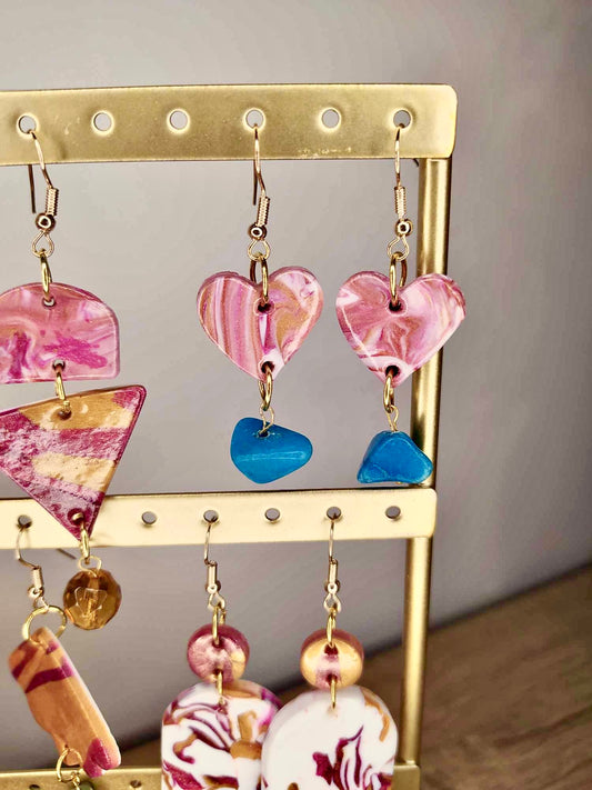 Boucles d'oreilles coeur marbré rose et doré et turquoise