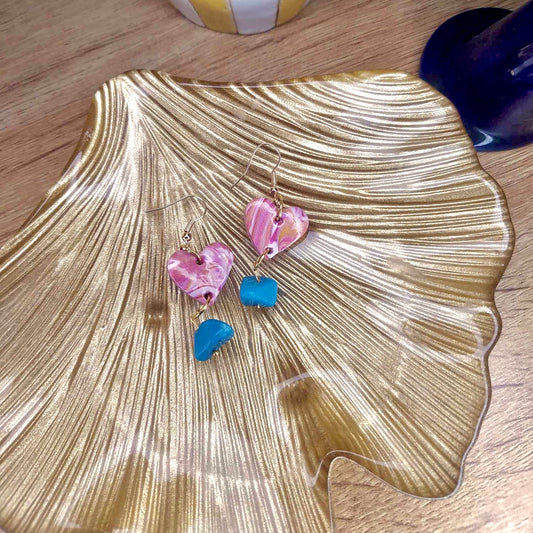 Boucles d'oreilles coeur marbré rose et doré et turquoise