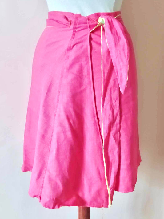 Jupe longue portefeuille faite main recto-verso jaune tulipe et rose foncé