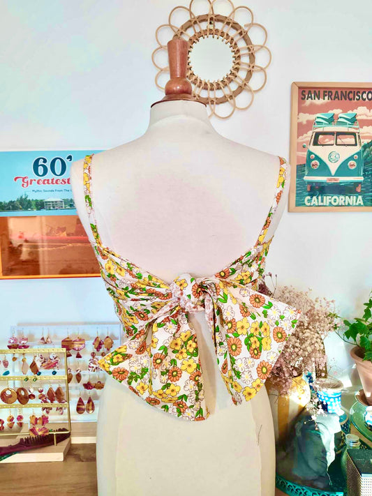 Top RECTO-VERSO fleurs oranges/vertes/jaunes