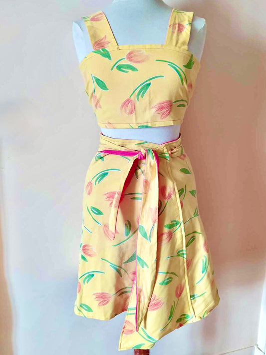 Ensemble fait-main recto-verso rose et jaune tulipe