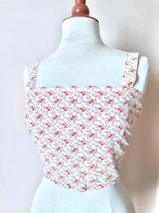 Top fait main dos nu petites fleurs oranges