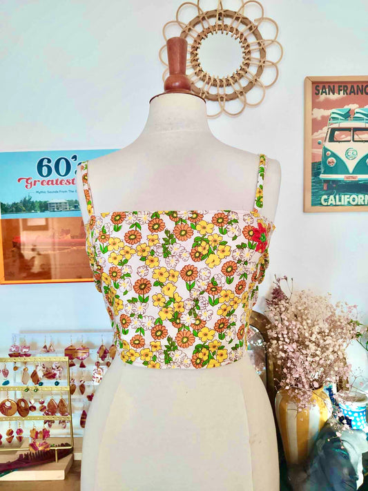 Top RECTO-VERSO fleurs oranges/vertes/jaunes