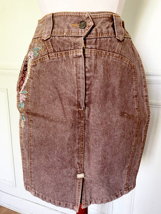 Jupe tube années 90 vintage jean marron longueur genoux taille haute cintré rock stylé taille 32 taille 34