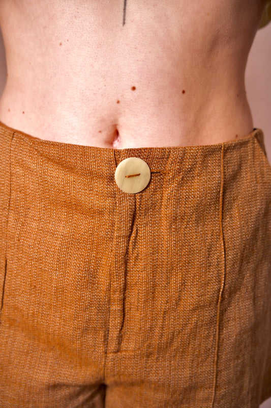 Short taille haute marron cintré coton et lin TELA