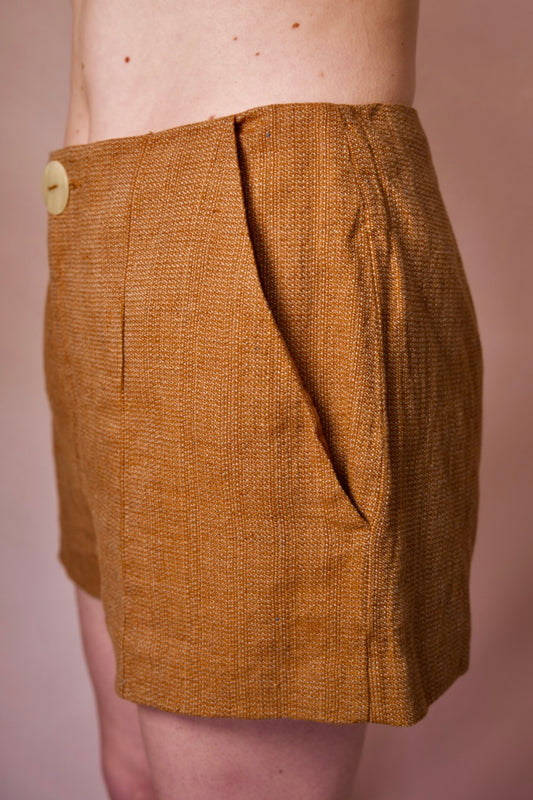 Short taille haute marron cintré coton et lin TELA
