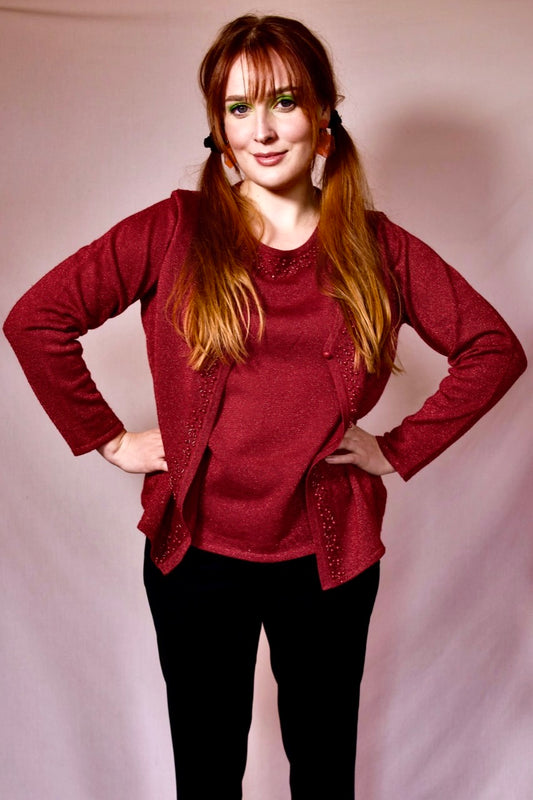 Pull manches longues rouge grenat et perles 2 en 1
