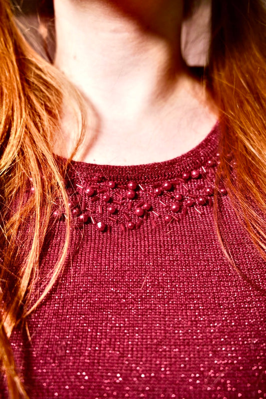 Pull manches longues rouge grenat et perles 2 en 1