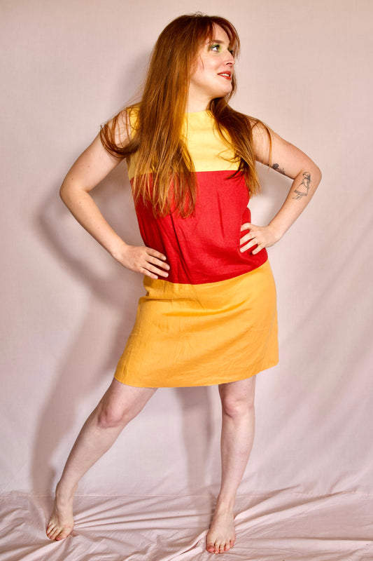 Robe rayée rouge-jaune-orange lin