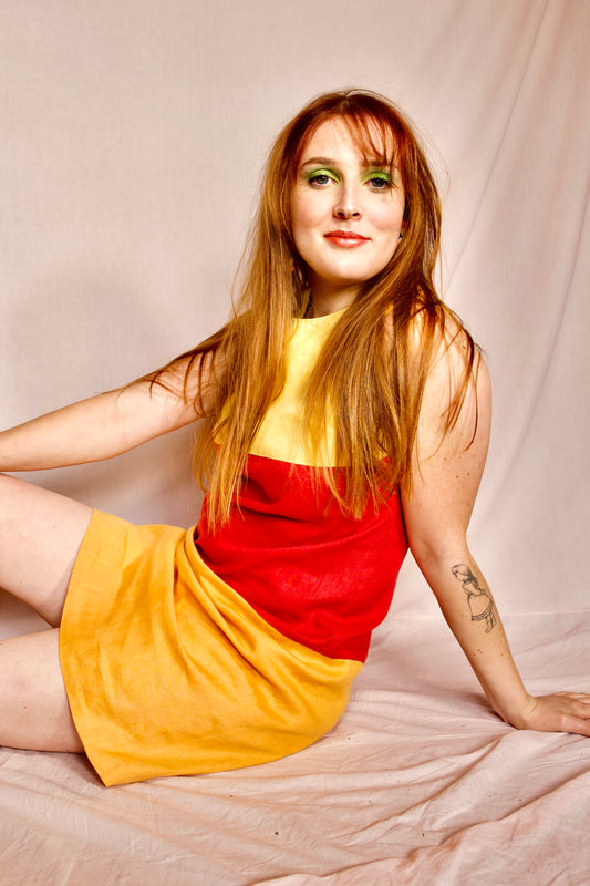 Robe rayée rouge-jaune-orange lin