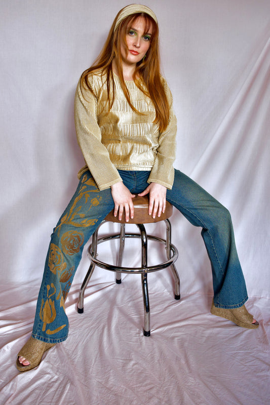 Jean pattes d'euh' fleurs velours