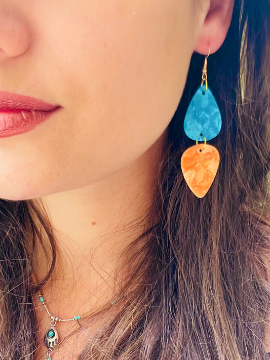 Boucles d’oreilles médiators bleu piscine et orange irisé 🍑