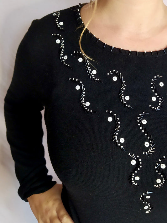 Pull manches longues noir perles argentées
