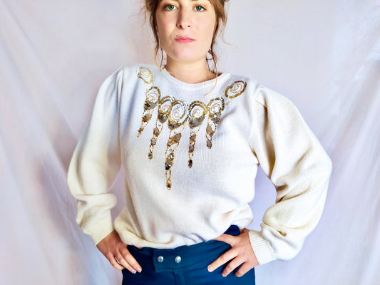 Pull blanc perles dorés et argentés