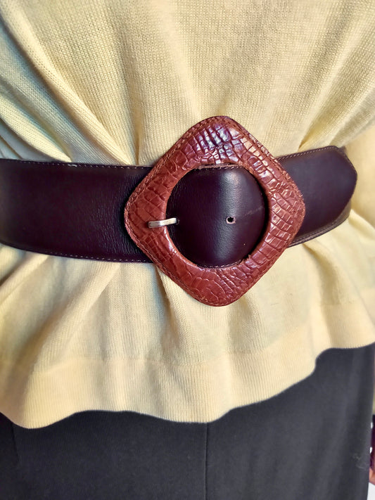 Ceinture cuir marron grosse boucle 60's