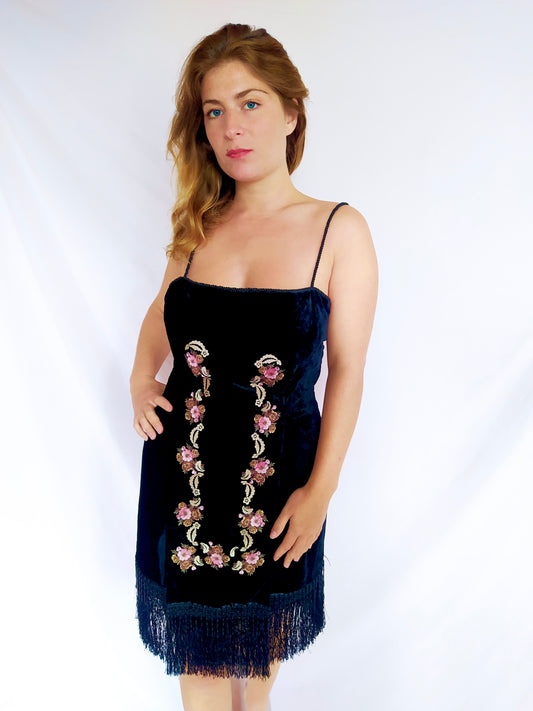 Robe noire rétro en velours et fleurs brodées THE KOOPLES