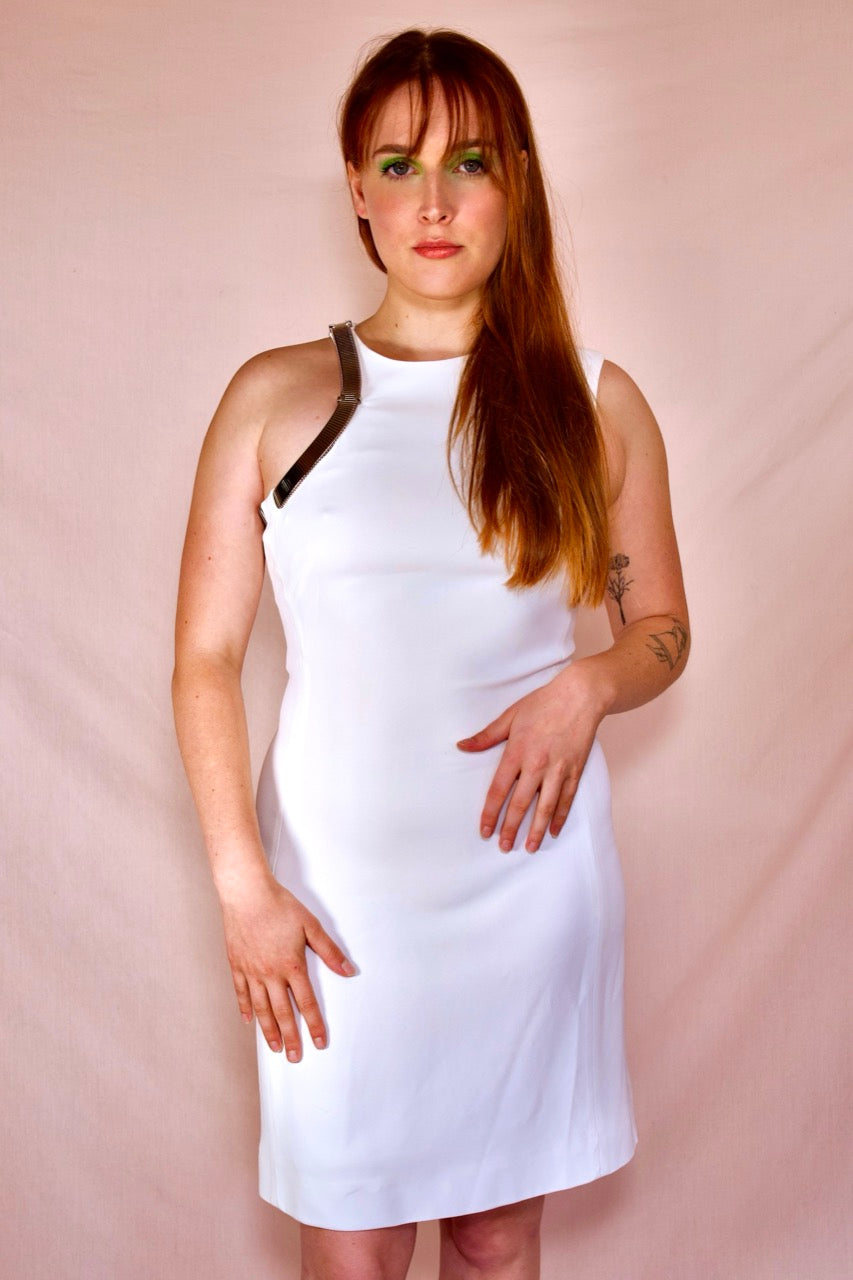Robe MUGLER marque blanche moulante femme chic sexy confortable occasion pas cher seconde main neuf  metal soirée  evenement robe occasion fete soiree robe cocktail fashion mode 