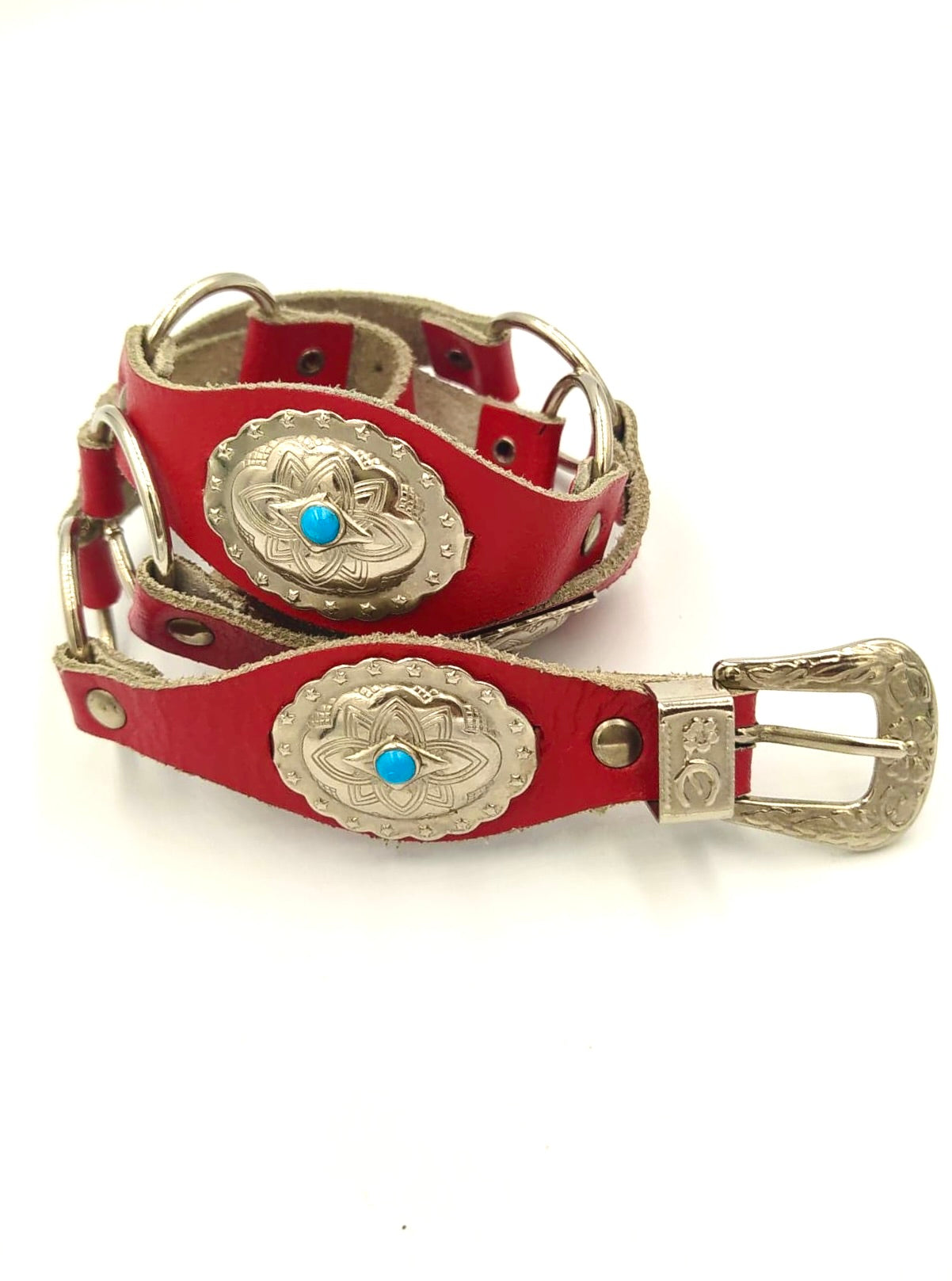 Ceinture rouge métal et pierres bleues